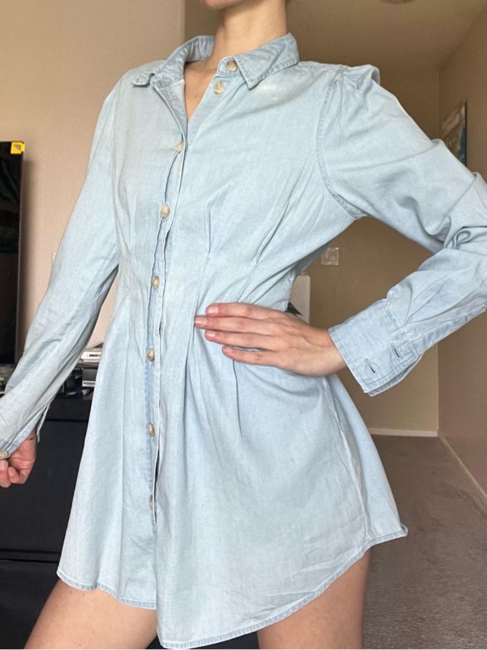 Light Wash Button-Front Denim Shirt Dress